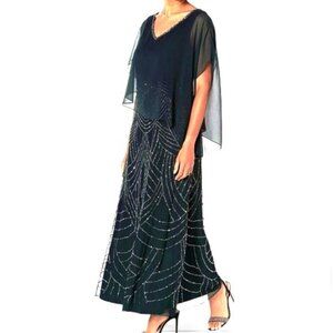 JKARA Sheer Capelet Blk Sparkle Beaded Evening Dress Size 16 EUC